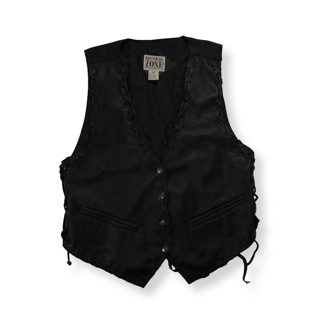 Neutral Zone Western‎ Vest Women M Black VTG Faux Vegan Leather Whipstitch Lace